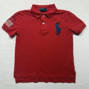 Polo Ralph Lauren Boys Size 5 Red Big Pony‎ USA Flag Polo Shirt